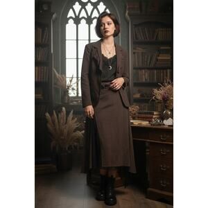 Vtg Ruffle Collar Suit Set Blazer Midi Skirt Belt 10 Brown Steampunk 00s Office